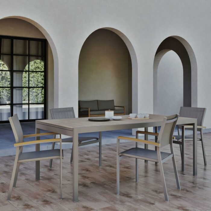 Fuji - Fauteuil à dîner de jardin en composite imitation teck et aluminium taupe – Image 6