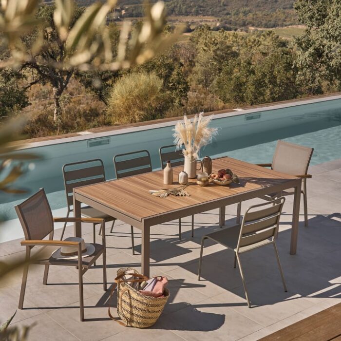 Fuji - Fauteuil à dîner de jardin en composite imitation teck et aluminium taupe – Image 10