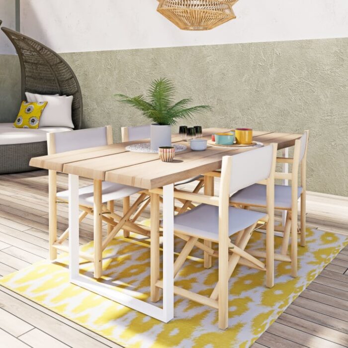 Mitch - Fauteuil à dîner de jardin pliant en toile plastifiée écrue et bois d'acacia massif – Image 7