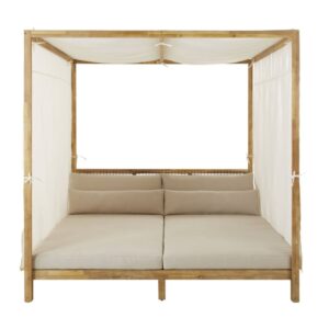Maupiti - Lit à baldaquin d'extérieur en bois d'acacia et résine tressée avec toile taupe clair