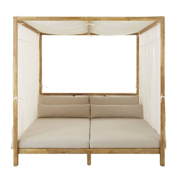 Maupiti - Lit à baldaquin d'extérieur en bois d'acacia et résine tressée avec toile taupe clair