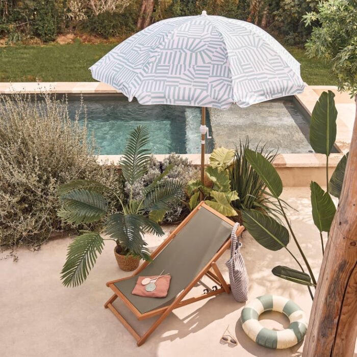 Nicolo - Parasol vintage 2x2m en aluminium imitation bois et toile bleue et blanche – Image 4