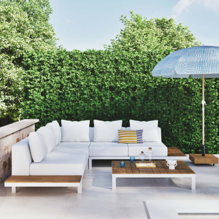 Nicolo - Parasol vintage 2x2m en aluminium imitation bois et toile bleue et blanche – Image 3